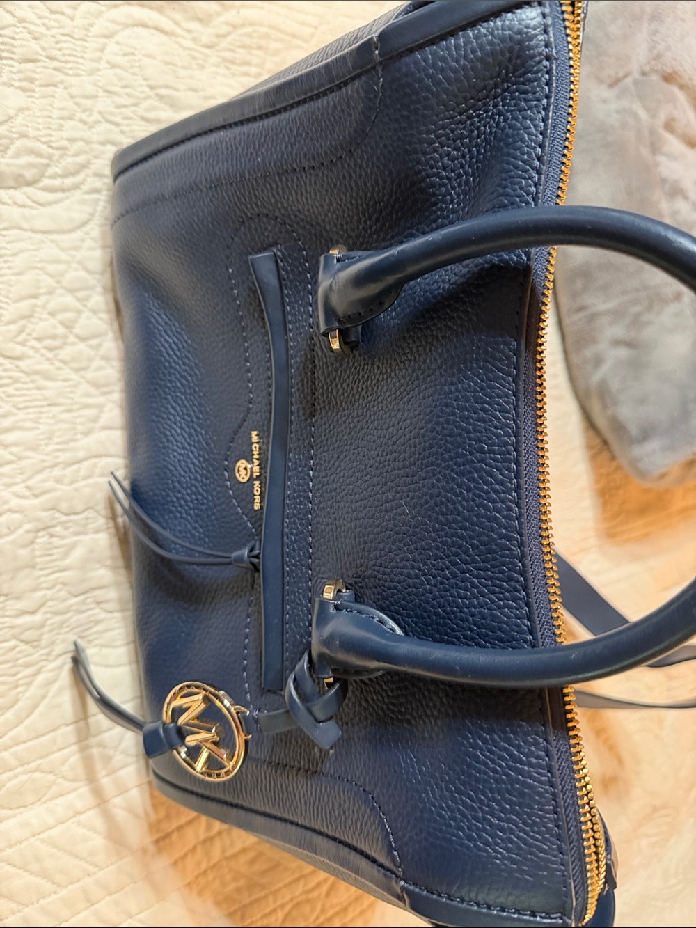 Michael Kors Navy Pebbled Leather Satchel with Gold Hardware W/ Shoulder Strap.